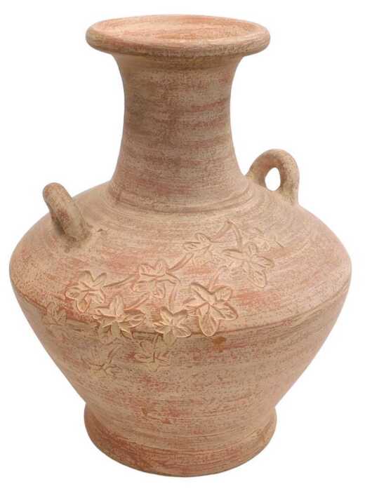 A terracotta two handled vase, with impressed decoration of leaves, paper label to underside...