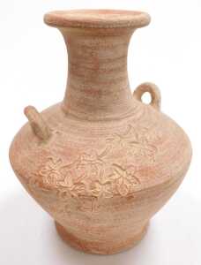 A terracotta two handled vase, with impressed decoration of leaves, paper label to underside... - 2