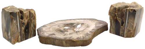 An ashtray formed from petrified wood, 33cm wide, and a pair of bookends, each approx 15cm high,...