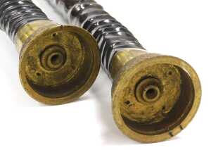A pair of Oryx horns, mounted in circular brass stands, 82cm and 83cm high. - 4