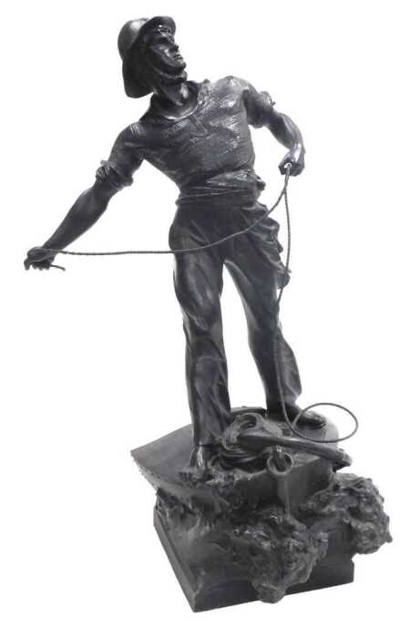 After Waagen. A figure of a sailor holding a rope, standing on a boat with an anchor, dark...
