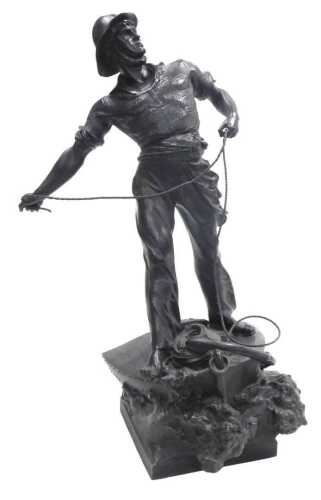 After Waagen. A figure of a sailor holding a rope, standing on a boat with an anchor, dark...