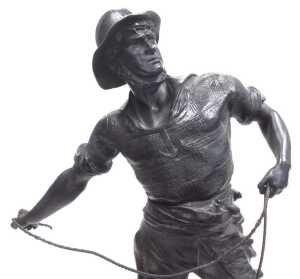 After Waagen. A figure of a sailor holding a rope, standing on a boat with an anchor, dark... - 3