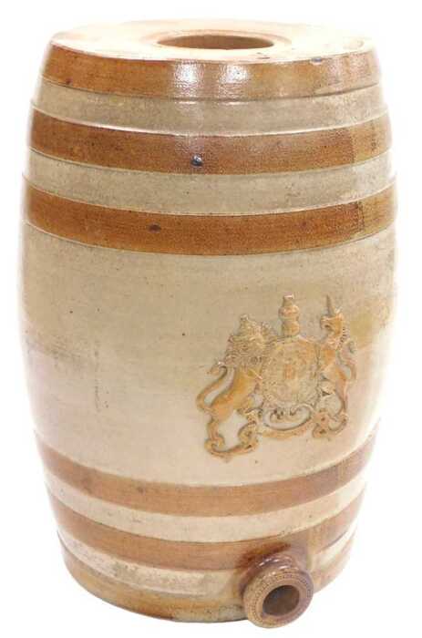 A Doulton and Watts Lambeth pottery stoneware barrel, applied with the Royal coat of arms, 42cm...