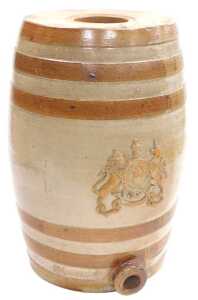 A Doulton and Watts Lambeth pottery stoneware barrel, applied with the Royal coat of arms, 42cm...