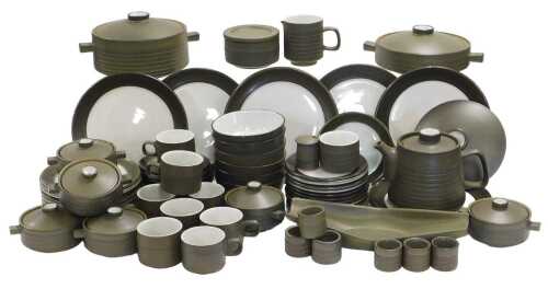 A Denby stoneware Chevron pattern part dinner and tea service, including a pair of vegetable...