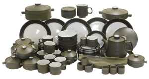 A Denby stoneware Chevron pattern part dinner and tea service, including a pair of vegetable...