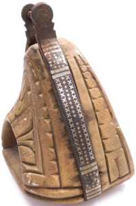 A pair of 19thC Chilean carved wooden huaso stirrups, each with iron mounts, decorated with a... - 3