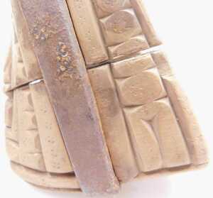 A pair of 19thC Chilean carved wooden huaso stirrups, each with iron mounts, decorated with a... - 4