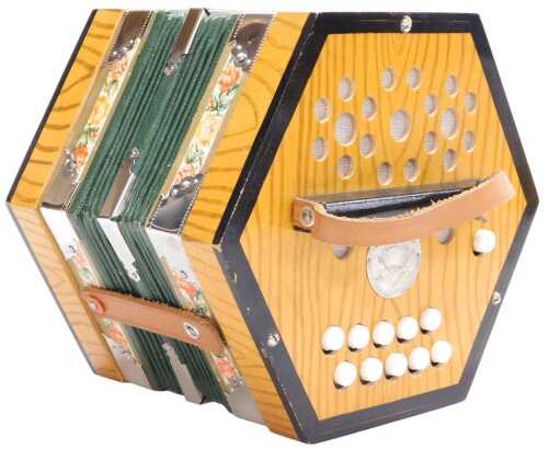 A late 20thC German Democratic Republic Scholer accordion, ten button, boxed.