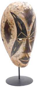 A Gabonese Galoa carved wooden tribal mask, on a metal stand, 35cm high.