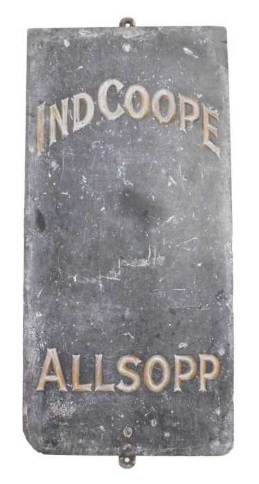 An early 20thC Ind Coope Allsopp pub wall mounted slate board, 64cm high, 31cm wide.
