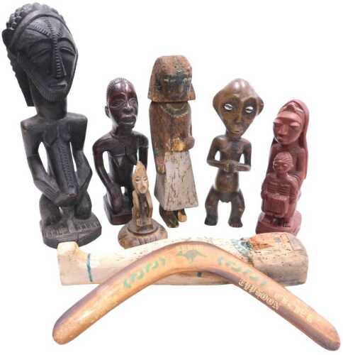 A collection of tribal figures and artefacts, to include a carved Egyptian mummy, 28cm high,...