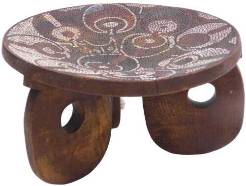 A Kenya Kamba stool, with geometric beadwork design and pierced feet, 14cm high, 25cm diameter.