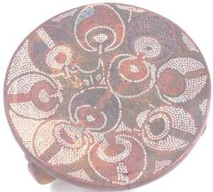A Kenya Kamba stool, with geometric beadwork design and pierced feet, 14cm high, 25cm diameter. - 2