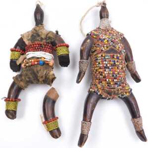 Two similar Cameroonian Namji carved wooden fertility dolls, each embellished with beads. (1 AF) - 2