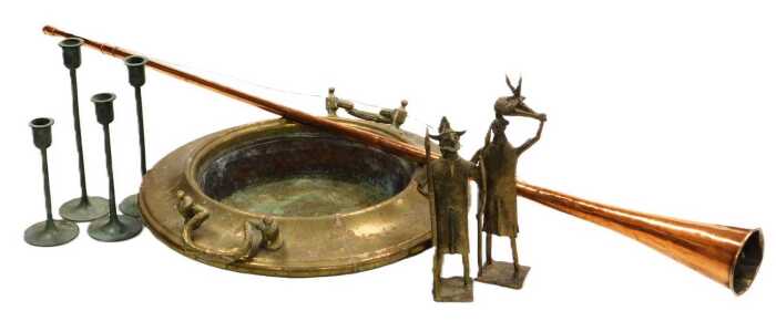 A Continental two handled brass brazier, a pair of African gilt metal figures, four green...