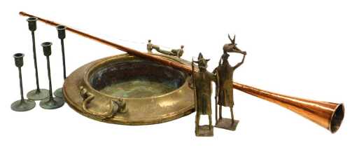 A Continental two handled brass brazier, a pair of African gilt metal figures, four green...
