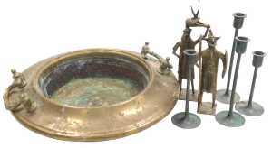 A Continental two handled brass brazier, a pair of African gilt metal figures, four green... - 2
