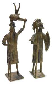 A Continental two handled brass brazier, a pair of African gilt metal figures, four green... - 3