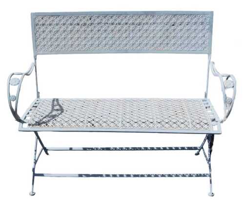 A pale green painted cast iron garden bench, with a floral lattice back and seat, and scrolling...