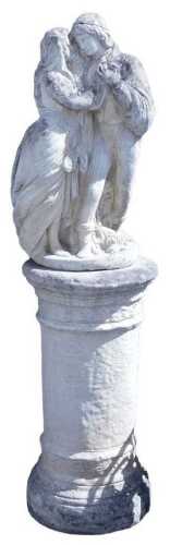A reconstituted stone figure of two lovers, raised on a cylindrical concrete column, 141cm all in.