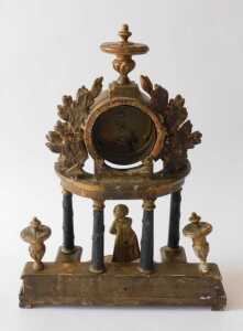 An early 19thC French giltwood mantel clock, the 9cm diameter enamel Arabic dial, held in a... - 3