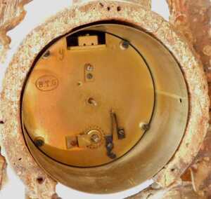 An early 19thC French giltwood mantel clock, the 9cm diameter enamel Arabic dial, held in a... - 5