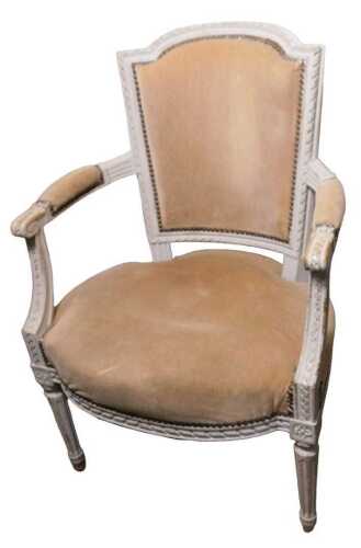 A pair of 19thC French beech fauteuil, each painted grey, the frame carved with ribbons, with a...