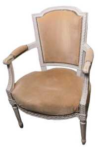 A pair of 19thC French beech fauteuil, each painted grey, the frame carved with ribbons, with a...