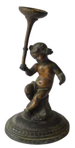 A 19thC Continental bronze putto stand, on an associated oval base, 27cm high. (AF) Offsite Sale...