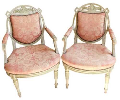 A pair of 19thC Louis XVI style green and cream painted fauteuil, each with pierced scroll...