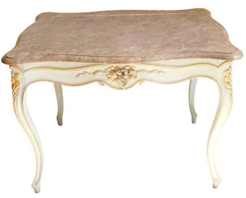A 19thC Louis XVI style painted giltwood centre table, the serpentine rectangular top with...