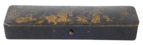 A Victorian papier mache pen box, of rectangular form, the lid hinging to reveal a part fitted...
