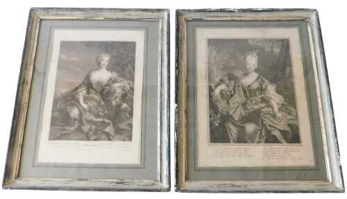 Two 18thC French engravings, after Hyacinthe Rigaud, portrait of a lady in silk robes within a...