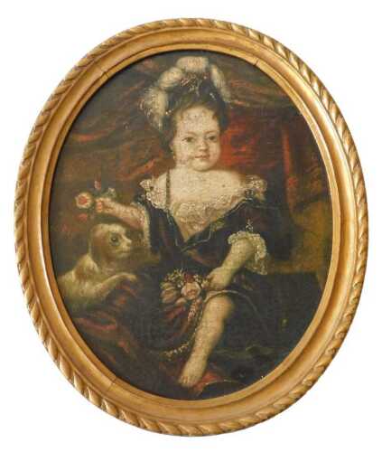 Style of Henry Millot. Portrait of a young child wearing fine robes and headdress, holding...