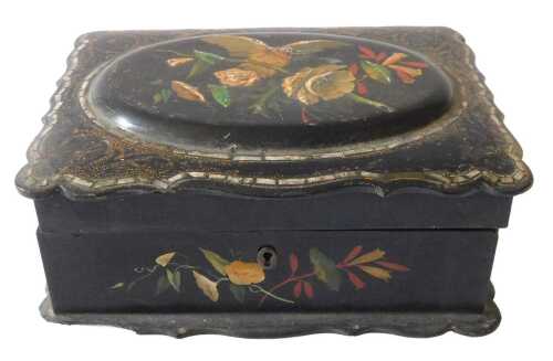 A 19thC black lacquered sewing box, of rectangular form, the lid profusely handpainted with bird...