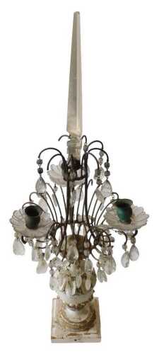 A 19thC French giltwood cream painted and iron three branch centrepiece candelabrum, with an...