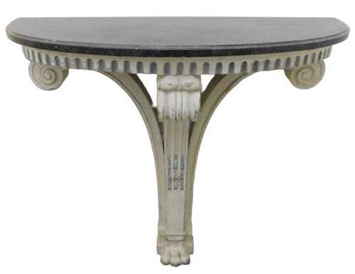 A 19thC Regence style giltwood console table, the D-end black marble top raised on a scroll...