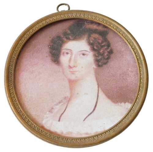 Facsimile portrait miniature of a Regency lady, in circular gilt frame, 11cm diameter overall....