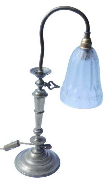 A French brass candlestick shaped table lamp, with Gothic style switch and frosted shade, 44cm...