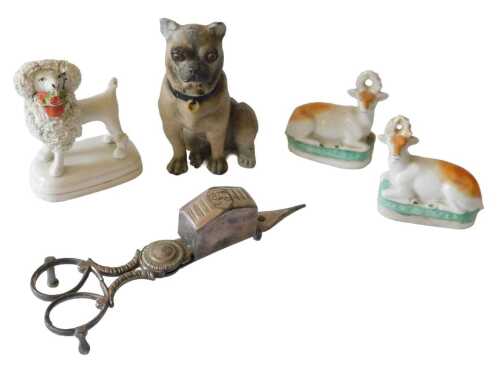 Various porcelain and effects, a Continental Meissen style figure of a standing pug dog, with...