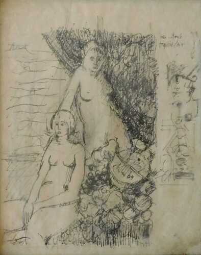 20thC French School. Portrait sketch of two female nude figures, pen and ink, 38cm x 30cm....