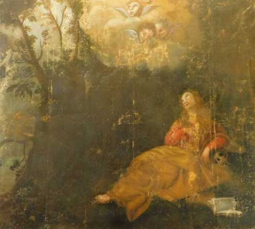 Italian School. Religious scene depicting angels appearing to the penitent Mary Magdalene, oil...