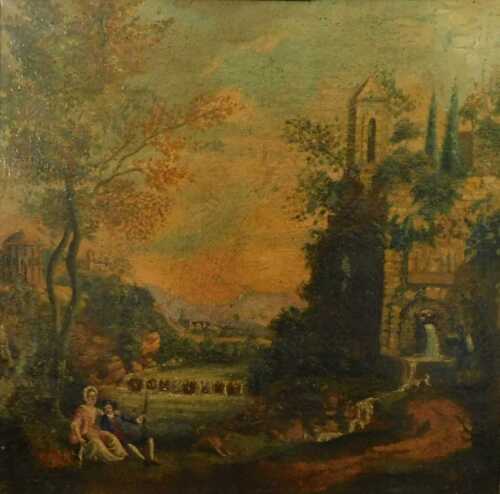 18thC Continental School. An Italianate landscape with follies and fortified buildings, figures...
