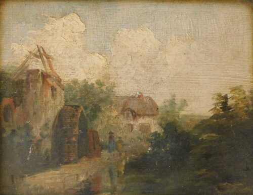 18thC Continental School. Landscape with watermill and cottage and figures on a track, oil on...