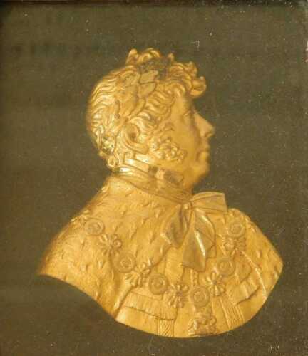 A 19thC Bas-relief gilt metal profile portrait of The Prince Regent, facing dexter, framed and...