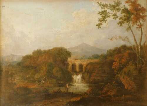 18thC Continental School. Landscape with figures on the banks of a river and a fisherman, oil on...