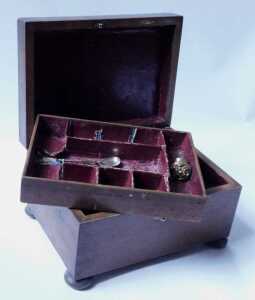 An early 19thC mahogany and boxwood strung workbox, the rectangular hinged lid enclosing a tray,... - 2