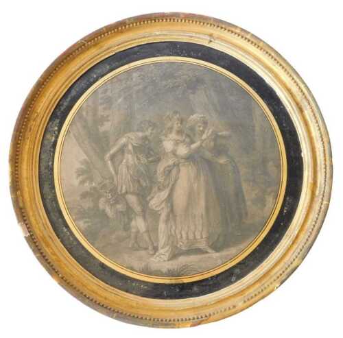 18thC engraving. Figures in period dress in a woodland setting, in verre eglomise frame, 27.5cm...
